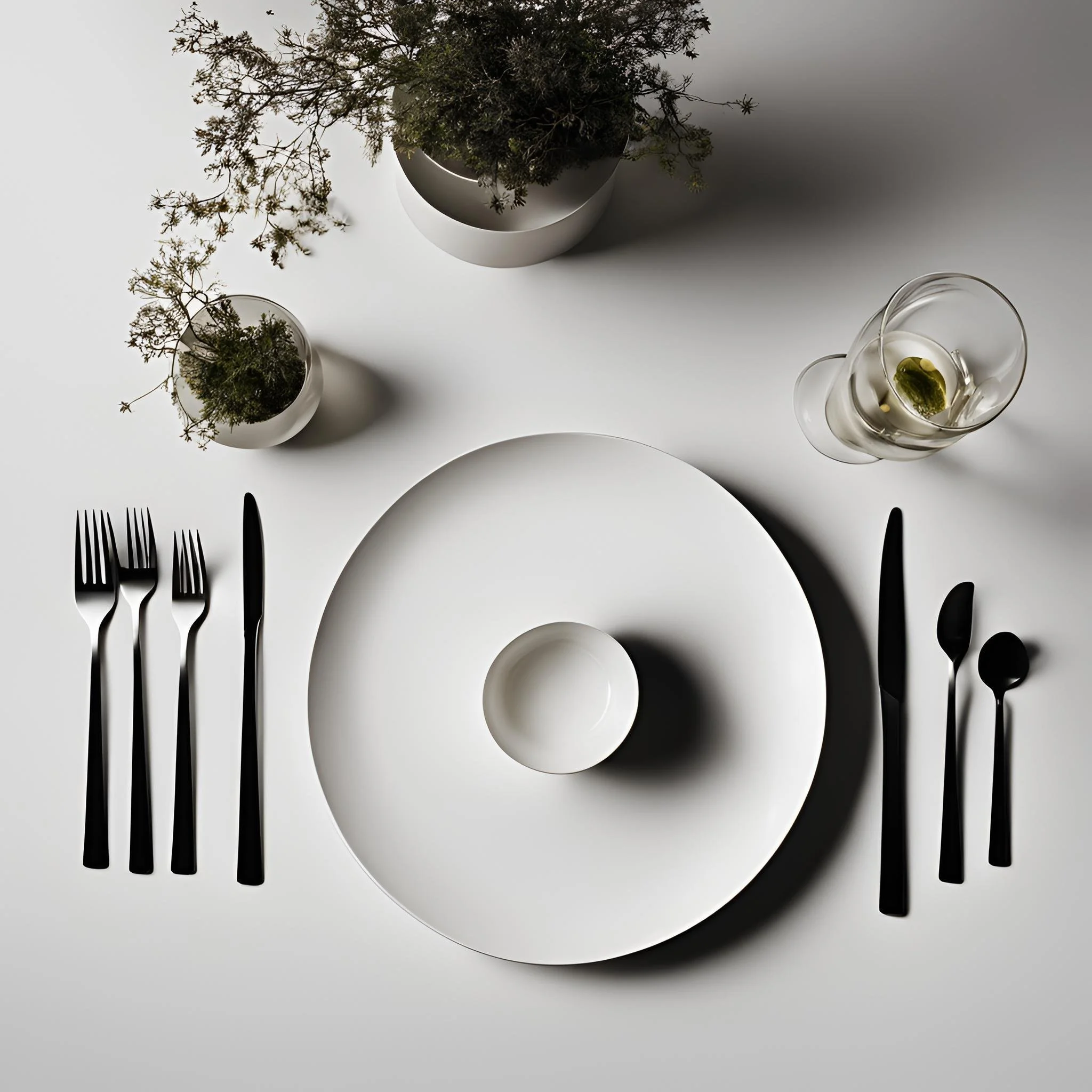 Minimal table setting — black flatware, white plate, sprigs of greenery.